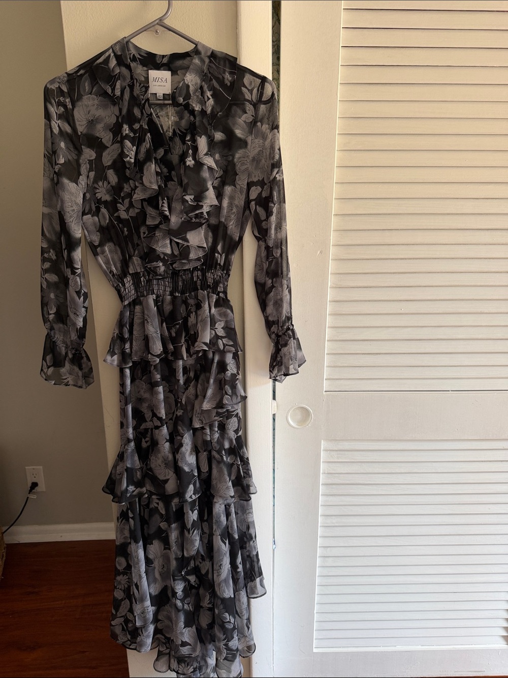 Misa Los Angeles Black & Gray Floral Ruffle Midi Dress